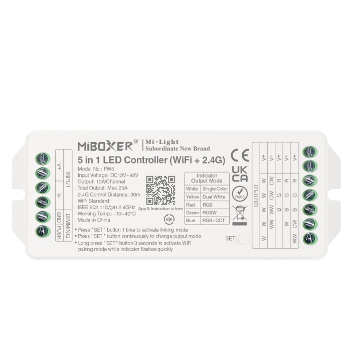 Controler LED 5in1 (WiFi+2.4G), MiBoxer, PW5, iesire max 20A, DC 12V-48V, Tuya