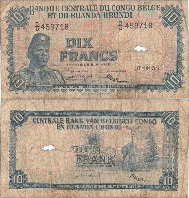 1958 (1 VIII), 10 francs (P-30b.7) - Congo Belgian! foto