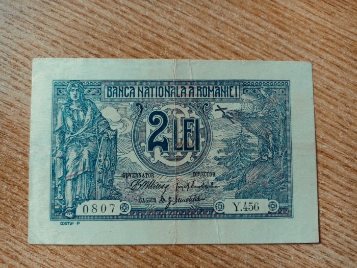 Romania 2 Lei - 1915. Semanatura rara a lui DANIELOPOL . Serie 3 cifre. Superba