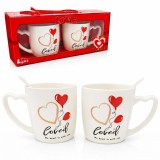 Set 2 cani 300 ml in cutie cadou, forma inimioara, mesaj LOVE, cu lingurite incluse, JollyMag, KB24