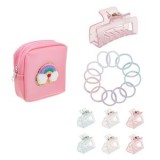 Set accesorii par pentru copii, Poseta roz cu model 3D curcubeu, 7 clame si 12 elastice par, CMCLASS