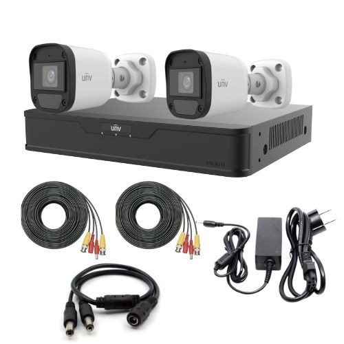 Kit de supraveghere Uniview cu 2 camere 5 MP, Audio, Infrarosu 20m, DVR Hibrid cu 4 canale 5MP, accesorii SafetyGuard Surveillance