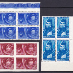 ROMANIA 1961 LP 516 LP 516 a PRIMUL OM IN COSMOS BLOCURI DE 4 TIMBRE MNH