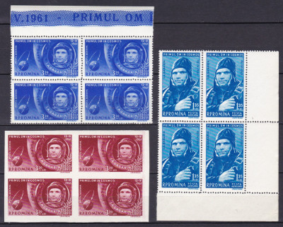 ROMANIA 1961 LP 516 LP 516 a PRIMUL OM IN COSMOS BLOCURI DE 4 TIMBRE MNH foto