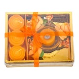 Set 4 lumanari cu vas si flori, forma cadou, portocaliu, 12x15 cm, Oem