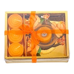 Set 4 lumanari cu vas si flori, forma cadou, portocaliu, 12x15 cm