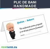 Plic Bani Botez Handmade Baby Boss, 11x21 cm, Carton Mat, Buzunar Interior, Asamblat, Cadou Botez, Tematica Baby Boss
