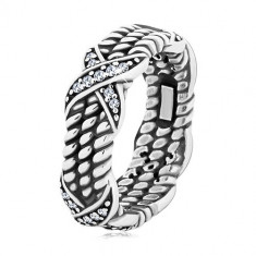 Inel din argint 925, patinat, model funie răsucită, cruci cu zirconii - Marime inel: 66
