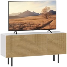 HOMCOM Mobila TV pentru de p&acirc;nă la 65 de inch cu dulapuri cu ușă canelată și trecere cabluri pentru sufragerie, dormitor, efect lemn natural | Aosom R