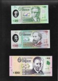 Set Uruguay 20 + 50 + 100 pesos uruguayos unc, America Centrala si de Sud