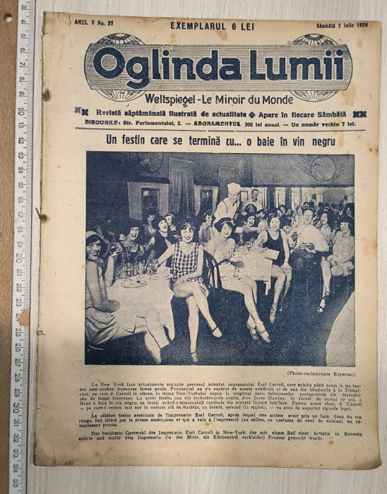 REVISTA OGLINDA LUMII 3 IULIE 1926 , BOGAT ILUSTRATA