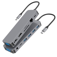 Adaptor Hub Multiport 13 in 1, USB Type-C la 2 HDMI 4K / 30Hz, 1 VGA 1080p / 60Hz, PD 100W Charging, SD/TF Card Reader, 1 USB-C Data, 3 USB 3.0 Data,
