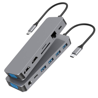 Adaptor Hub Multiport 13 in 1, USB Type-C la 2 HDMI 4K / 30Hz, 1 VGA 1080p / 60Hz, PD 100W Charging, SD/TF Card Reader, 1 USB-C Data, 3 USB 3.0 Data, foto