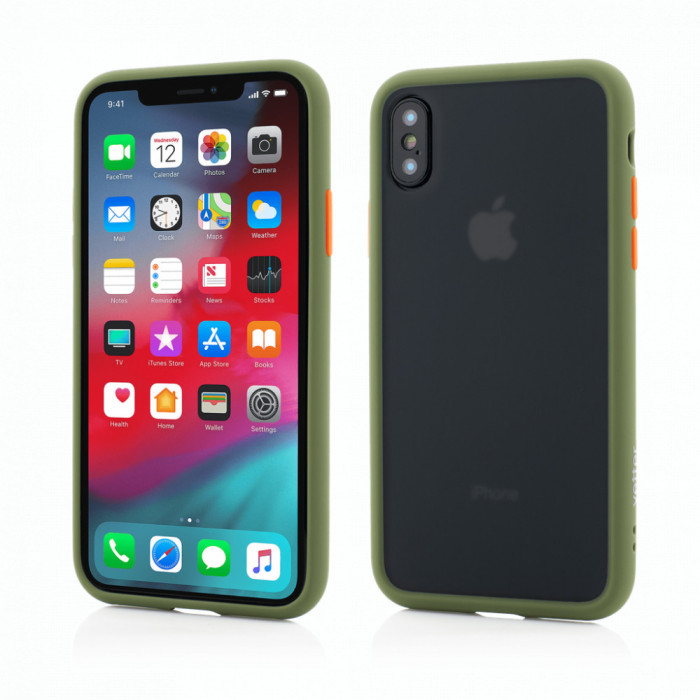 Husa Vetter pentru iPhone Xs, X, Clip-On Hybrid Protection, Shockproof Soft Edge and Rigid Matte Back Cover, Olive
