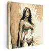Tablou canvas femeie in costum baie si placa surf, sepia 1368 Tablou canvas pe panza CU RAMA 60x60 cm