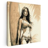 Tablou canvas femeie in costum baie si placa surf, sepia 1368 Tablou canvas pe panza CU RAMA 30x30 cm
