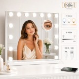 Oglindă de machiaj Hollywood, albă, 58x48 cm, cu 15 LED-uri, lumină reglabilă și oglindă cu mărire X10