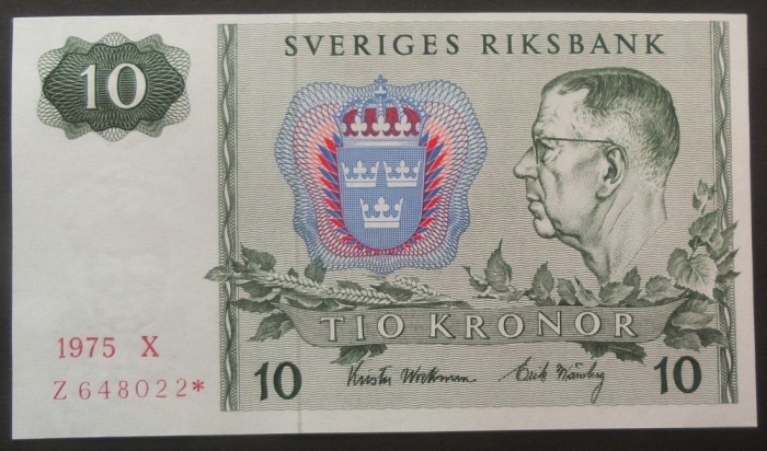 Bancnota 10 COROANE / KRONUR - SUEDIA, anul 1975 * cod 30 = UNC REPLACEMENT