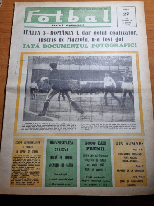 fotbal 1 decembrie 1966-italia-romania 3-1,universitatea craiova pe primul loc