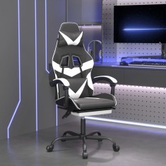 Scaun gaming pivotant/suport picioare negru/alb piele eco foto