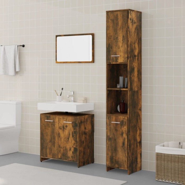 Gossi set mobilier de baie, 3 piese, stejar fumuriu, lemn prelucrat