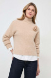 Custommade pulover de lana femei, culoarea maro, călduros, cu turtleneck