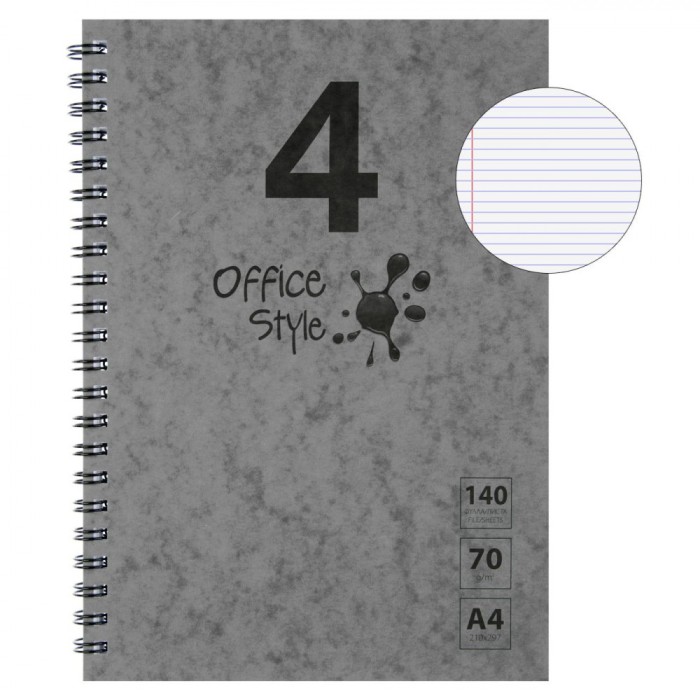 Caiet Spirală A4, Office Style, 4 Subiecte, File 140, Copertă Moale, Culoare Gri