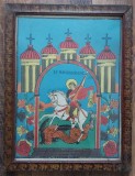 Icoană veche populară Sf&acirc;ntul Mare Mucenic Gheorghe, Rom&acirc;nia, Transilvania/Banat/Crișana interbelică, imprimare tipografică 44 &times; 34 cm rama lemn