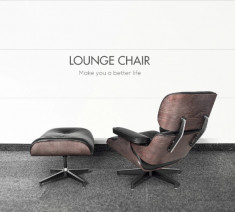 Fotoliu Eames Lounge Chair cu Otoman furnir nuc piele naturala neagra foto