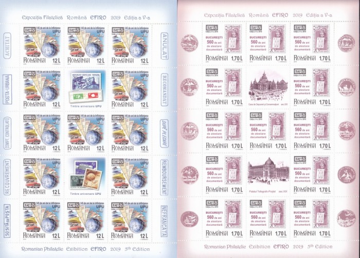 EXPOZITIA FILATELICA EFIRO,MINICOLI CU 13 T +2 V,Lp.2254e,2019, MNH ** ROMANIA.