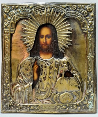 Iisus Pantocrator, Icoana pe Lemn cu ferecatura, Rusia, Secol XIX foto