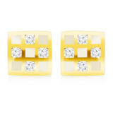 Cercei din aur 375 - pătrat cu tablă de șah, zirconii transparente, smalț alb