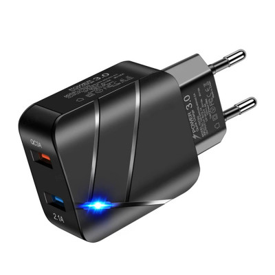 Alimentator Incarcator de la retea la 2x USB: 1x 2.1A + 1x 3A 18W Negru FAST Charge 3 TED600137 foto