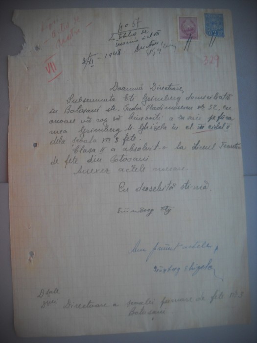 HOPCT DOCUMENT VECHI NR 479 GRIMBERG GHIZE-EVREU -SCOALA NR 3 FETE BOTOSANI 1948