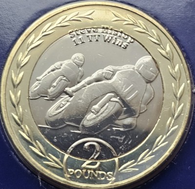 2 pounds 2019 Isle of Man / Insula Man, Steve Hislop - 11 TT Wins, Bunc, Coincard, km#1652 foto