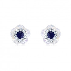 Cercei din aur de 14K - floare din sidef natural, safir, cristale Swarovski