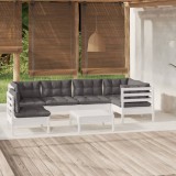 Cumpara ieftin Set mobilier de grădină cu perne, 7 piese, alb, lemn de pin