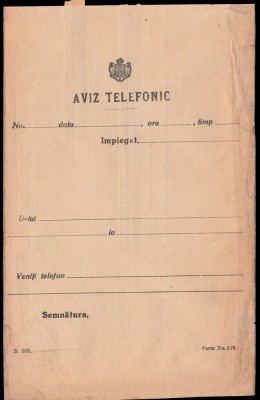 Romania anii 20, Formular rar de Aviz telefonic sosit la Iasi foto