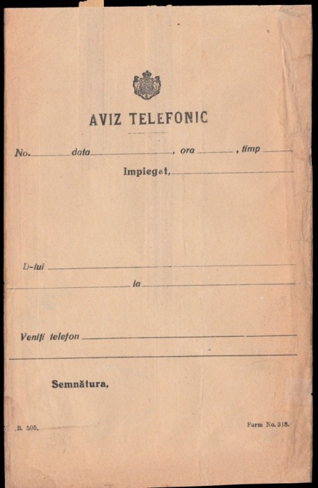 Romania anii 20, Formular rar de Aviz telefonic sosit la Iasi