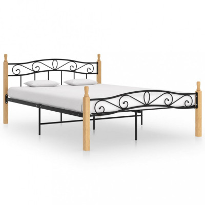 vidaXL Cadru de pat, negru, 140x200 cm, metal și lemn masiv de stejar foto