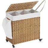 SONGMICS Cos de rufe tesut manual, cu captuseala detasabila lavabila, 3 compartimente, stil ratan, 140 litri, 66x33x60 cm, maro Household NewTrend