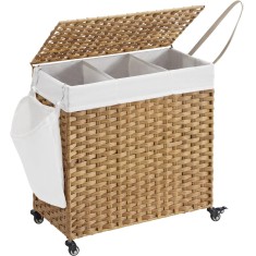 SONGMICS Cos de rufe tesut manual, cu captuseala detasabila lavabila, 3 compartimente, stil ratan, 140 litri, 66x33x60 cm, maro Household NewTrend