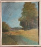 Tablou, lucrare veche, Stefan Popescu (1872 - 1948), Peisaj, tempera pe carton subtire, 42x37, artă rom&acirc;nească / artist roman / cu rama, sticla