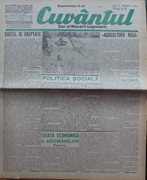 Cuvantul, ziar al miscarii legionare, 6 ianuarie 1941, nr. 82
