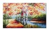 Tablou 3D inspirational peisaj din natura pictat manual living, dormitor, Aleea cu mesteceni, 120x70cm ulei pe panza, Leonard Covaci