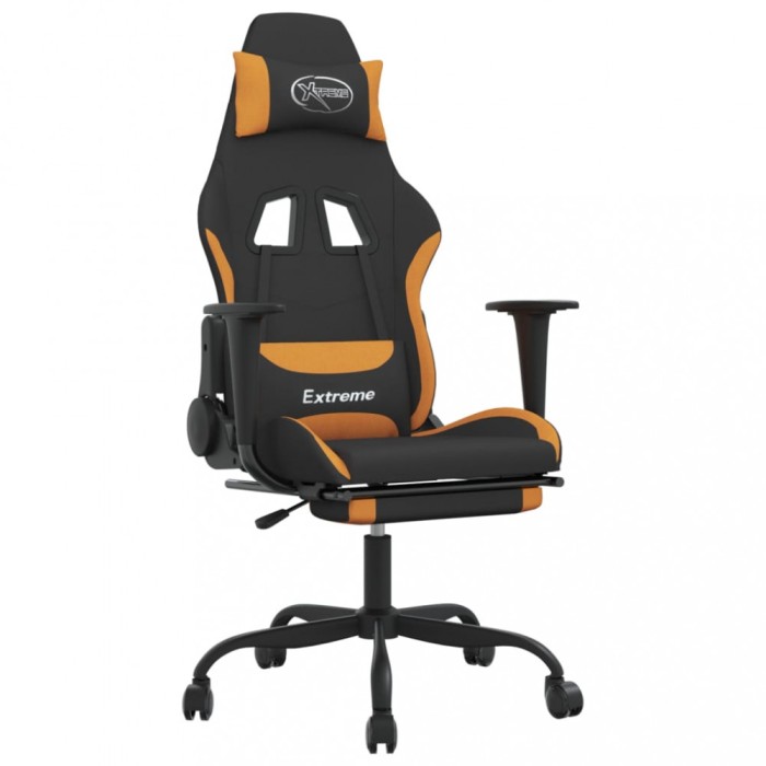 Scaun de gaming cu suport picioare, negru si oranj, textil