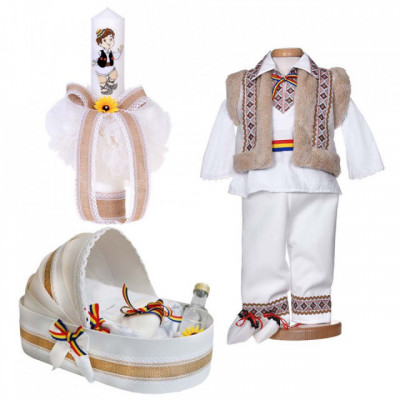 Set botez national baiat, trusou botez landou, lumanare si costum traditional, foto