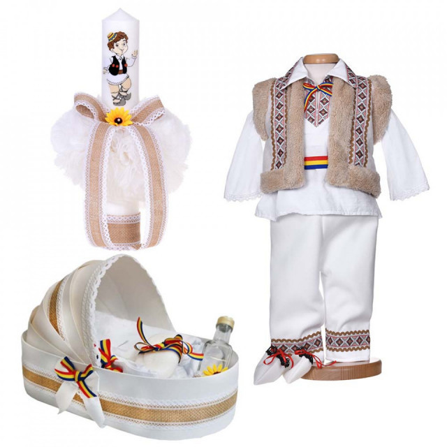 Set botez national baiat, trusou botez landou, lumanare si costum traditional,