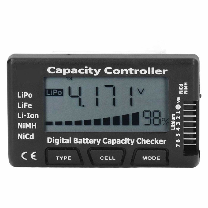 Tester al capacității bateriei, citire a tensiunii și capacității bateriei, pentru pachete de baterii LiPo, LiFe, NiCd, NiMH