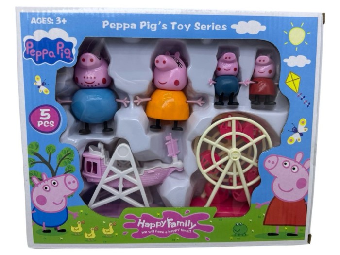 Set figurine familie Peppa Pig cu parc de distractii - 5 piese
